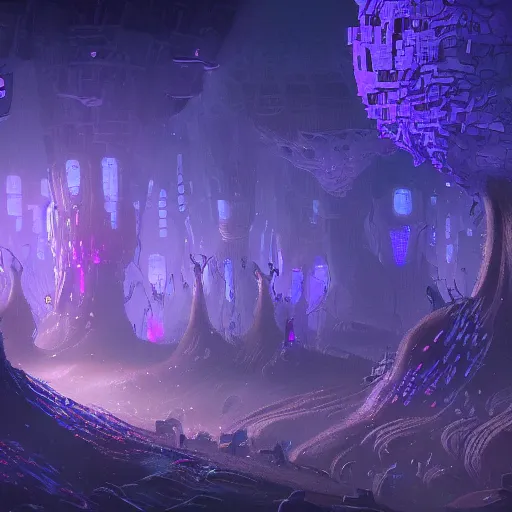 Image similar to concept art detailed painting of a dark purple fungal city made of mushrooms, with glowing blue lights, in the style of jordan grimmer and neil blevins and wayne barlowe