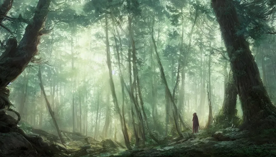 Image similar to beautiful ancient forest, matte painting, beautifully painted, beautiful lighting, enchanted forest, jeremy lipking, studio ghibli, princess mononoke, 8 k, rays of light, amazing detail, princess mononoke background paintings, hayao miyazaki, kazuo oga, enchanted lighting, contrast, rule of thirds