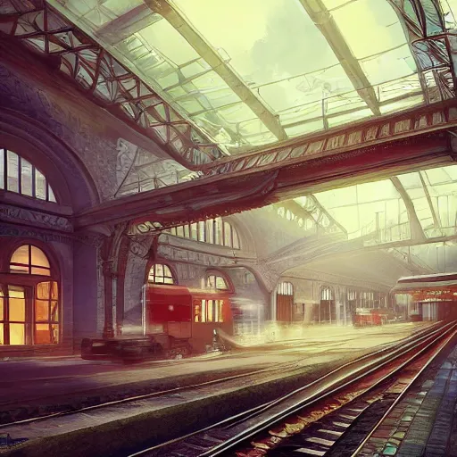 Image similar to a train entering a train station, fantasy, hd, volumetric lighting, 4 k, intricate detail, by jesper ejsing, irakli nadar