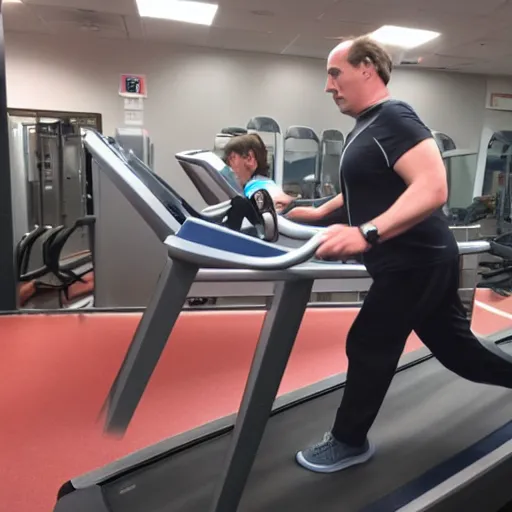 Prompt: obese saul goodman running on a treadmill at the gym