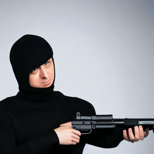 Image similar to A spy in a black turtleneck sweater pointing a gun equipped with a suppressor