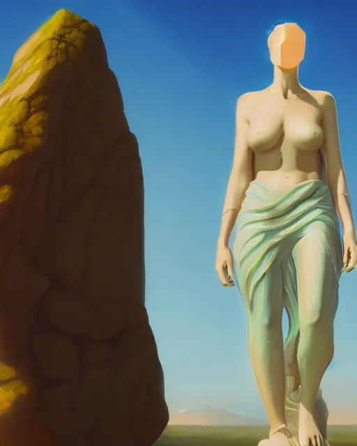 Image similar to a painting of a real woman standing in front of a huge stone statue, a screenshot by stanley twardowicz, cgsociety, aestheticism, aesthetic, vaporwave, anime aesthetic