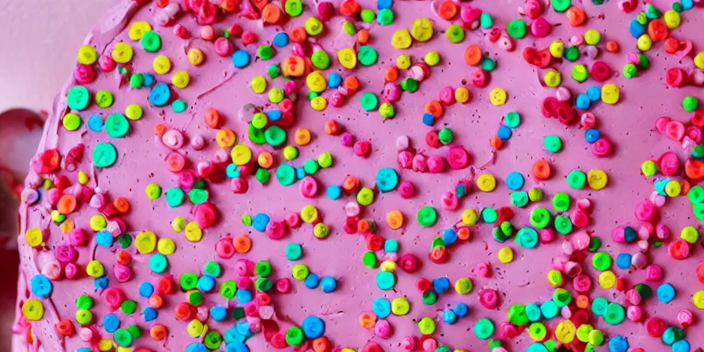 Prompt: hundreds of colorful pins stuck in a piece of pink strawberry cake