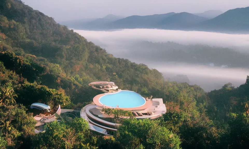 Prompt: 35mm film still, morning light over futuristic low-Fi villa in mountains high up, view over valley, fog in valley, the beach at a tropical island, vivid , color palette of gold, infinity pool in front of house