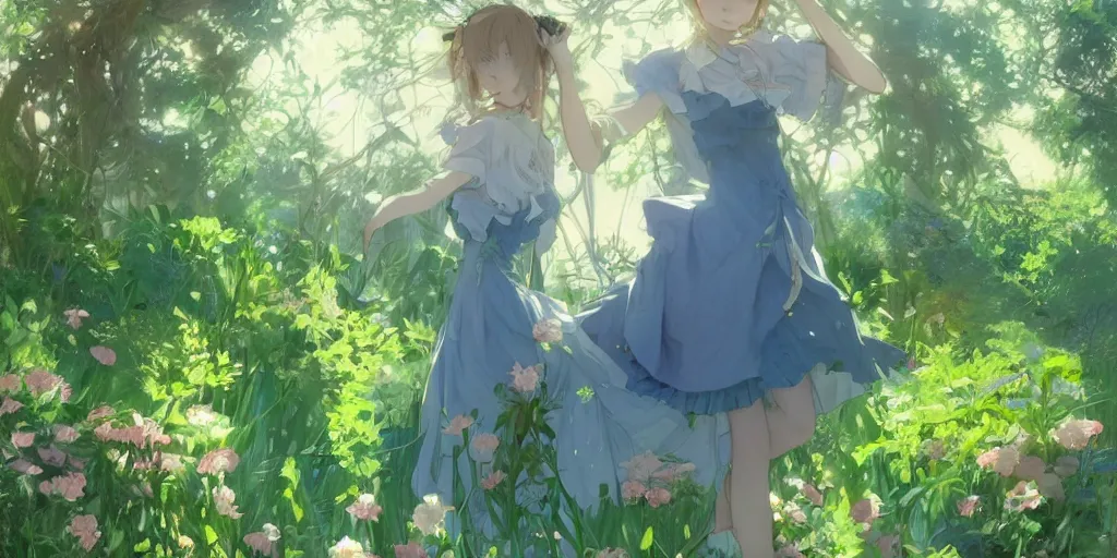 Image similar to a depressed digital art, loli in dress, garden, green and warm theme, blue accents, back lighting, highly detailed, 4 k resolution, trending on art station, by krenz cushart and mucha and akihito yoshida and greg rutkowski and makoto shinkai