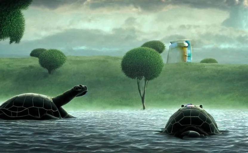 Prompt: a hyperrealist cell - shaded cartoon movie still from howl's moving castle ( 2 0 0 4 ) of a giant mechanized tortoise in a flooded stonehenge. a rainforest is in the background with shafts of sunlight from above. very dull muted colors, hd, 4 k, hq
