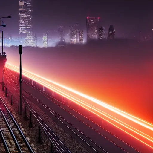 Prompt: A hyperdetailed photograph of the Flying Scotsman thundering on the rails of a cyberpunk, futuristic city, night, dense fog, rain, HD, 8K resolution