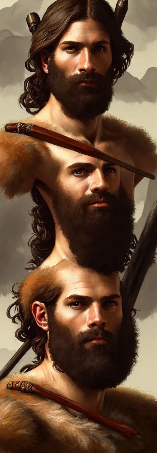 Image similar to renaissance upper body portrait of a gruff ranger with a spear, lean and toned, handsome face, hairy chest, D&D, intricate, elegant, highly detailed, digital painting, artstation, concept art, matte, sharp focus, illustration, art by da Vinci, Artgerm and Greg Rutkowski and Alphonse Mucha