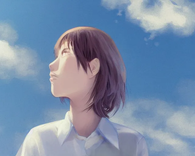 Image similar to teen looking at blue sky, wearing white shirt, cool pose, sharp details, sharp focus, detailed face, illustration, by pine ( ハイネ ) and 薯 子 imoko and 香 川 悠 作 and wlop and maya takamura, highly detailed, trending artstation, pixiv, digital art