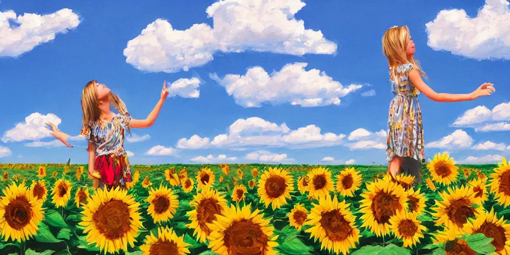 Image similar to painting of a girl standing in a field of sunflowers with blue sky above