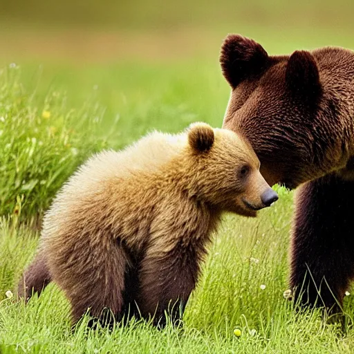 Image similar to a bear cub with his mother, photo taken by nikon, wildlife photography, nature magazine, tele lens