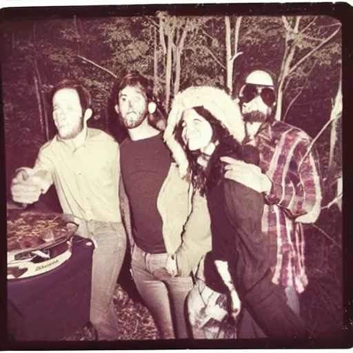 Prompt: dark forest party in 1 9 6 9, polaroid photo, perfect photo, photo pinterest