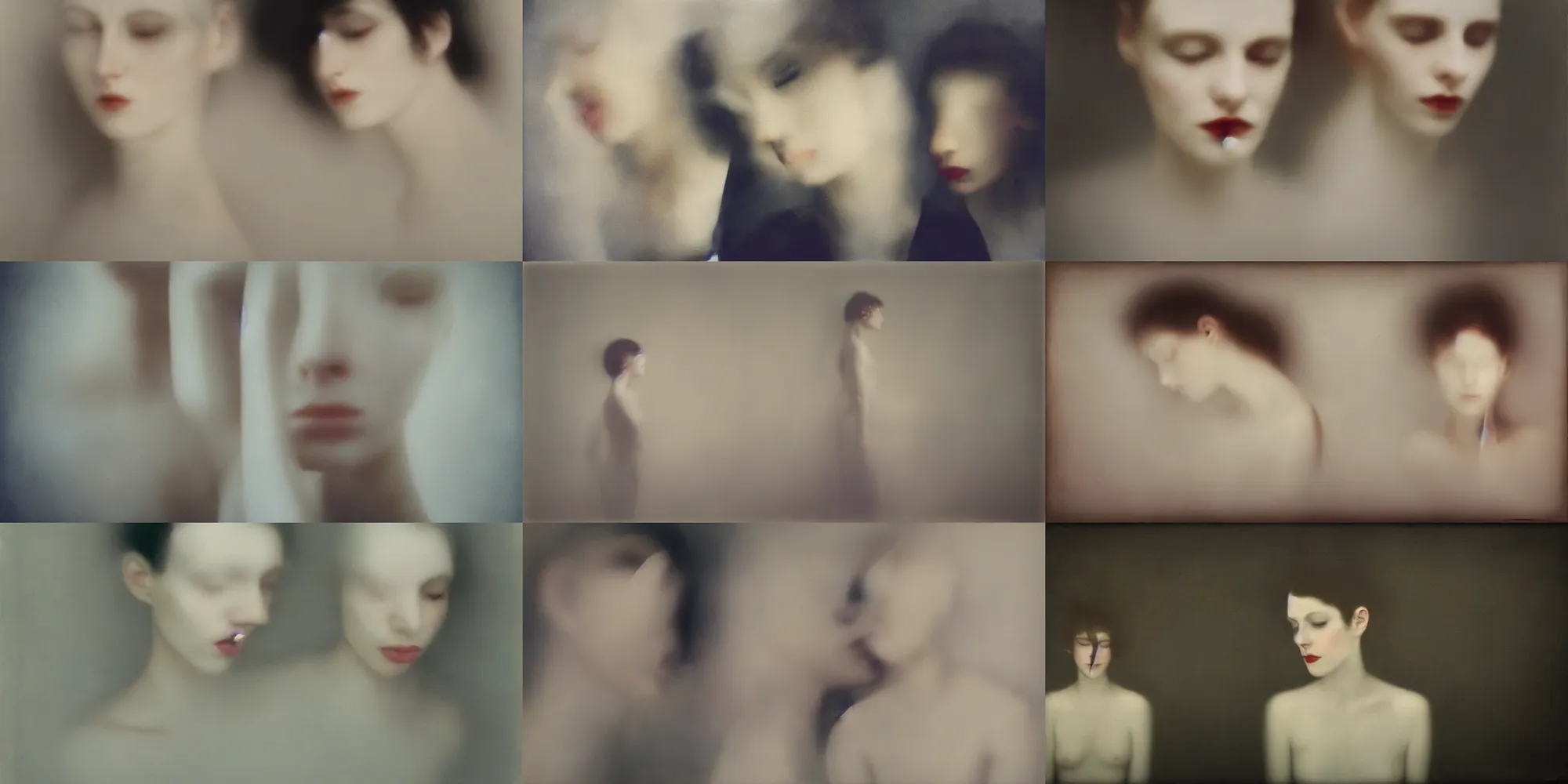 Prompt: out of focus photorealistic portrait of beautiful aesthetic pale women and men by sarah moon, very blurry, translucent white skin, closed eyes, foggy