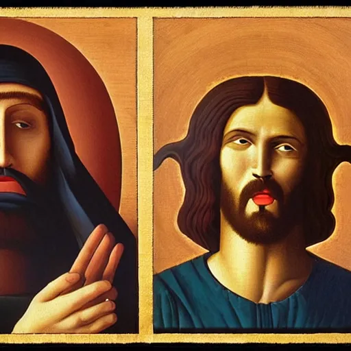 Prompt: Jesus meets another Jesus, one is smiling a crazy huge smile and the other is extremely angry, by Grant Wood