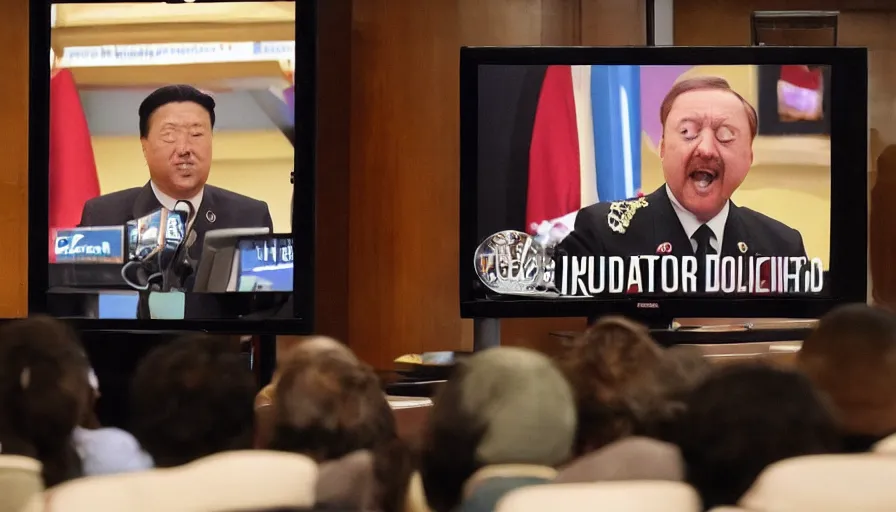 Prompt: a charismatic dictator spreading propaganda through a television screen