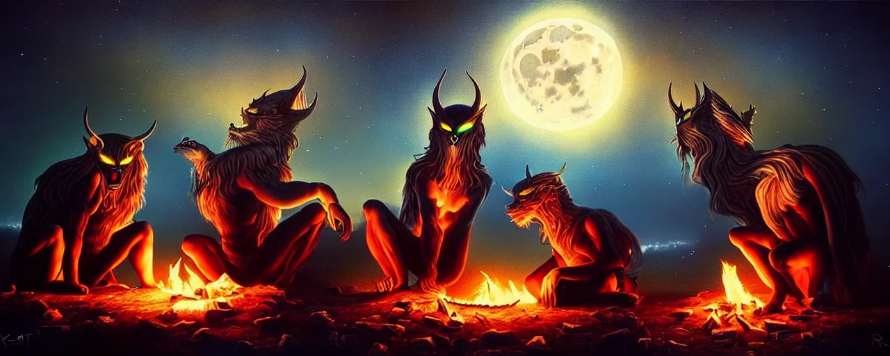 Image similar to uncanny!!! bifrost!!! mythical beasts of sitting around a fire under a full moon at bifrost, surreal dark uncanny painting by ronny khalil