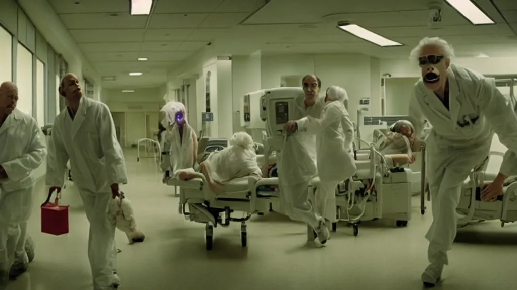 Image similar to monsters invade the hospital, film still from the movie directed by denis villeneuve and david cronenberg with art direction by salvador dali, wide lens