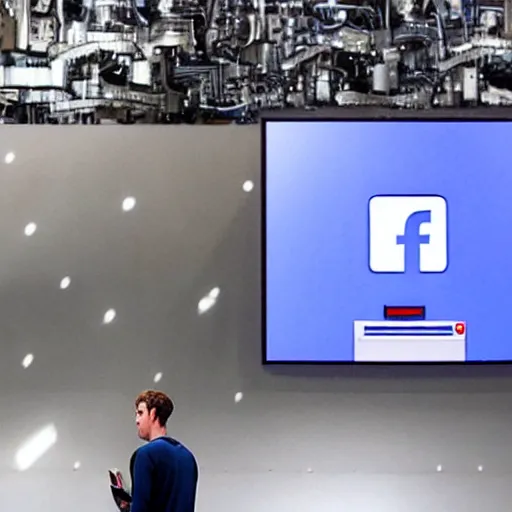 Prompt: mark zuckerberg in a tall tower looking out at a cybernetic landscape filled with robots browsing facebook on their phones