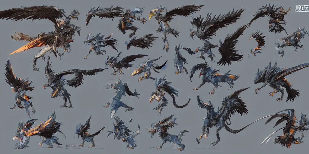 Image similar to Azure feathered winged wolf character design sheet, Monster Hunter Illustrations art book, big claws, huge wings, long tail, Moebius, Greg Rutkowski, Zabrocki, Karlkka, Jayison Devadas, Phuoc Quan, trending on Artstation, 8K, ultra wide angle, zenith view, pincushion lens effect.