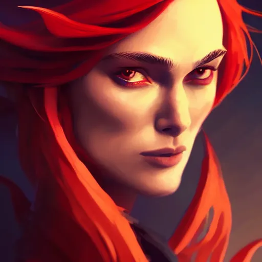 Image similar to beautiful female mage with red hair, keira knightley, black clothing, dark feathered wings, intricate, highly detailed face, cory behance hd by jesper ejsing, by rhads, makoto shinkai and lois van baarle, ilya kuvshinov, rossdraws global illumination