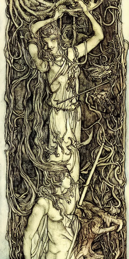 Image similar to tarot card detailed painting, illustration, tarot card framing with roman numbers, in style of Arthur Rackham