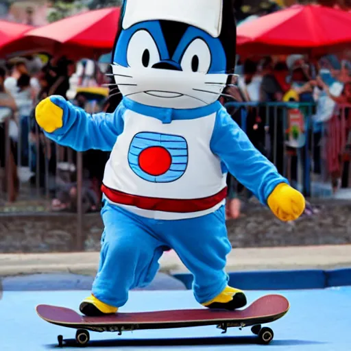 Image similar to doraemon performing skateboard tricks, wearing baggy clothing