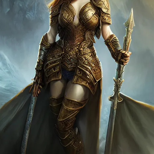 Image similar to a ruthless female paladin, full body, 8 k, hyperrealistic, dragon slayer, hyperdetailed, fantasy portrait by laura sava