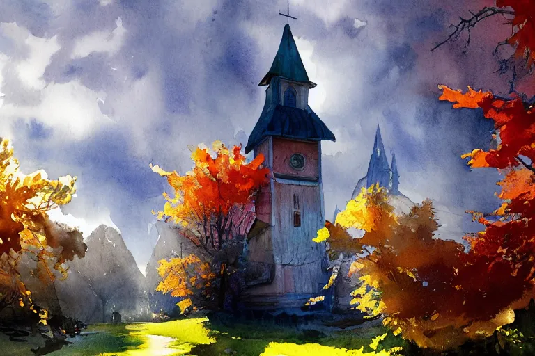 Prompt: small centered on watercolor paper, paint brush strokes, abstract watercolor painting of traditional wooden church tower, viking dragon decor, translucent leaves, cinematic light, national romanticism by hans dahl, by jesper ejsing, by anders zorn, by greg rutkowski, by greg manchess, by tyler edlin