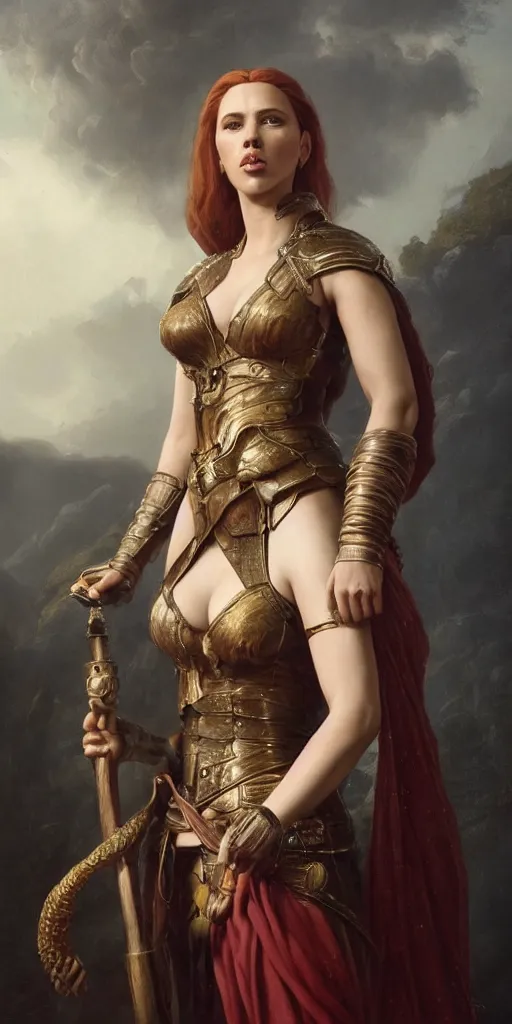 Image similar to the portrait of scarlett johansson as amazon in intricate dress by roberto ferri, fantasy, witcher, very detailed oil painting, masterpiece, 8 k