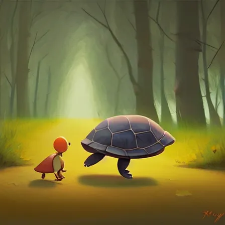 Image similar to Goro Fujita ilustration a cute turtle happily walking through the forest, painting by Goro Fujita, sharp focus, highly detailed, ArtStation