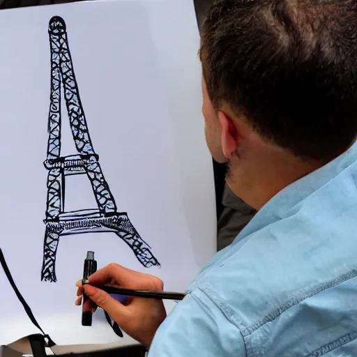 Image similar to a french guy drawing a picture of eiffle tower 8 k