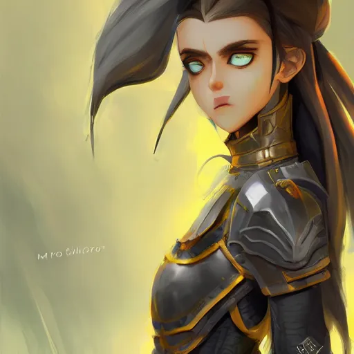 Image similar to a dark elf girl with yellow eyes and hair, ponytail, wearing armor, highly detailed, digital painting, artstation, matte, by makoto shinkai, animation style