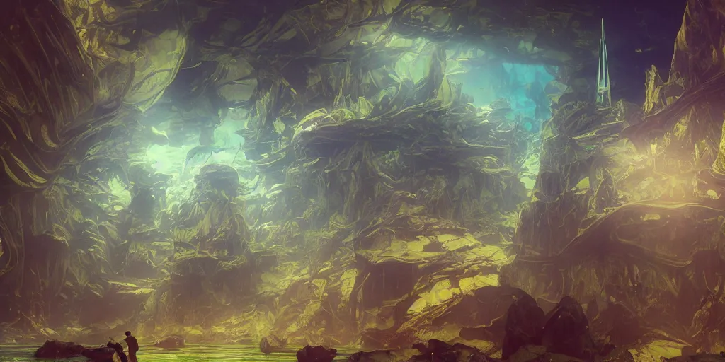 Image similar to an underwater landscape in the abyss, futuristic cathedral underwater, photorealistic, people, fishes, light rays from above the surface, realistic paint, specular light, high contrast, highly detailed, 4k, shallow depth of field, cinematic light, concept art, artstation, art by Enrich Victor, Alphonse Mucha