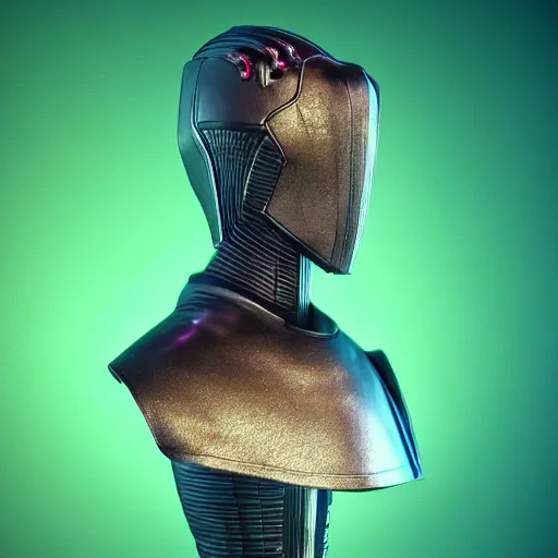 Prompt: hyperrealistic 3 d render of a bust of knight with futuristic fashion elements created by yuuki morita and ludvig holmen, brilliantly colored, kingdoms of ether, octane render, 3 d animated, unreal engine 5, volumetric lighting, hdr, studio lighting, smooth surface, 8 k