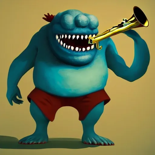 Prompt: joyous monster playing trumpet to cheering audience, artstation, fantasy