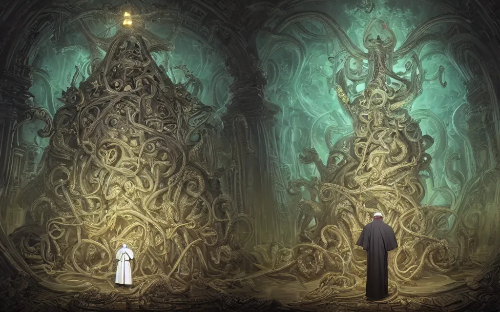 Image similar to pope priest in front of a cthulhu within a viscosity fluid lovecraft portal, intricate architecture, baroque detailed, shiny colors, high - key lighting, beautiful composition, intricate, elegant, pro photography by, highly detailed, art by artgerm and peter mohrbacher, subsurface scattering, ray tracing, vivid colors, octane render