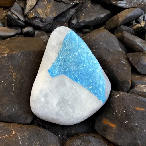 Prompt: a rock with with bluecrystlas and backcrytals and white crystals and marble