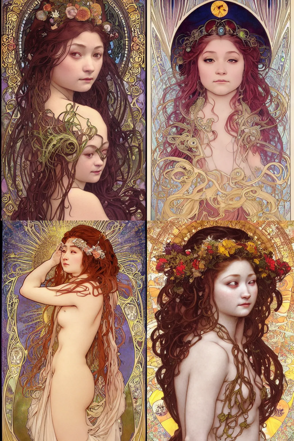 Prompt: stunning, breathtaking, awe-inspiring award-winning realistic concept art face portrait of mermaid Anna Cathcart as a goddess of the sun, by Alphonse Mucha, Ayami Kojima, Amano, Charlie Bowater, Karol Bak, Greg Hildebrandt, Jean Delville, and Mark Brooks, Art Nouveau, Neo-Gothic, gothic, rich deep colors, cyberpunk, extremely moody lighting, glowing light and shadow, atmospheric, shadowy, cinematic, 8K