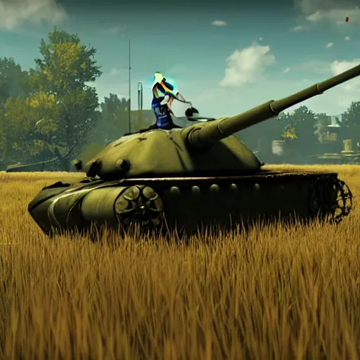 Image similar to a screenshot from nier : automata, with 9 s android destroying a t 6 2 russian tank in yellow rye field under pure blue skies