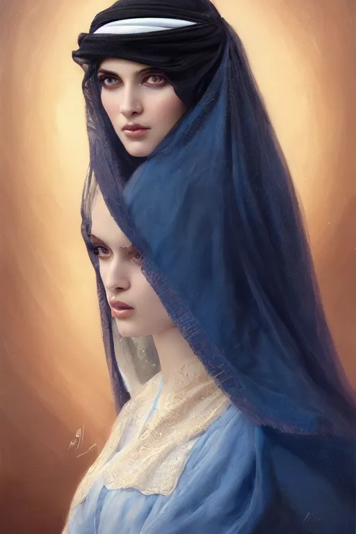 Image similar to arab ameera al taweel, bright blue eyes, long wavy black hair, white veil, closeup, cinnamon skin color, elegant, highly detailed, centered, oil painting, artstation, concept art by tom bagshaw