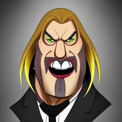 Image similar to Head-to-shoulder shot of Triple H as a Disney villain, Disney, cartoon, Disney style, 2d, drawn image, beautifully drawn, Disney 2d animation still, digital 2D animation, traditional animation, Disney style, Disney animation, Deviantart, very coherent symmetrical artwork, heroic look, artstation