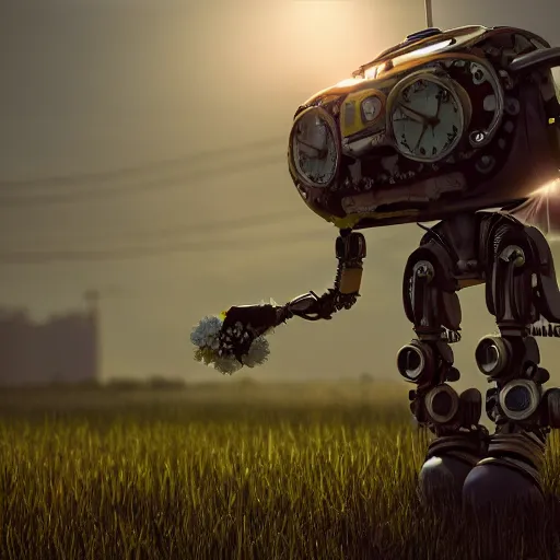 Image similar to robot with little girl collect flowers in the field, steampunk, cyberpunk, 4k, hyperrealistic, focused, high detail, unreal engine 5, cinematic