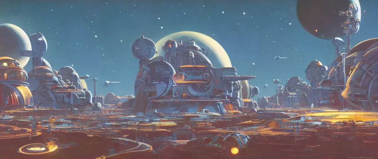 Prompt: a retro futurism outer space city built across moons orbiting a gas giant planet in a beautiful universe by robert mccall and john berkey | ralph mcquarrie :. 5 | unreal engine :. 3