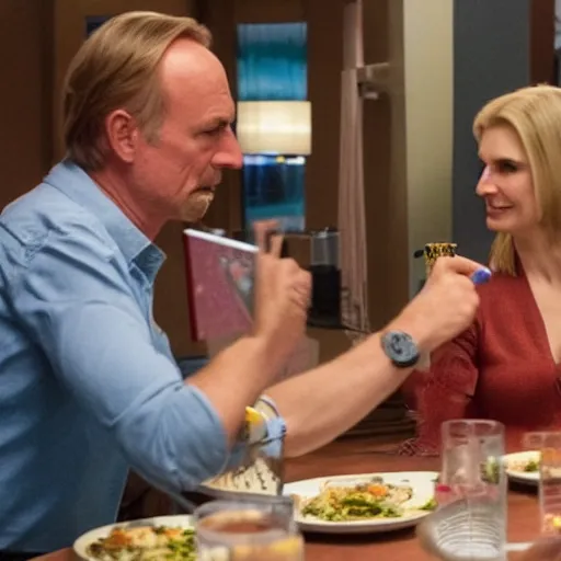 Prompt: full shot, panning left right, Woody from Toy Story in Better Call Saul having dinner with Kim Wexler