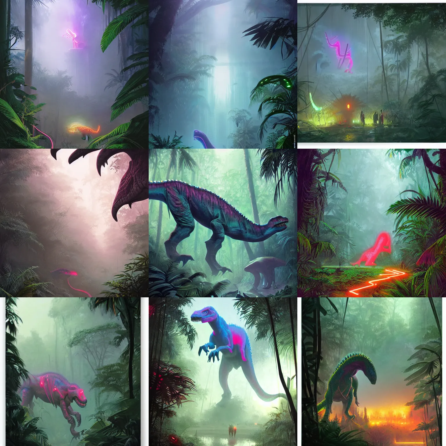 Prompt: neon dinosaur in a foggy jungle by magali villeneuve and greg rutkowski