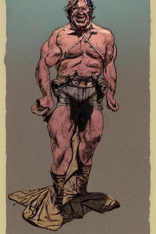 Prompt: vernon. Smug old west circus wrestler. concept art by James Gurney and Mœbius.