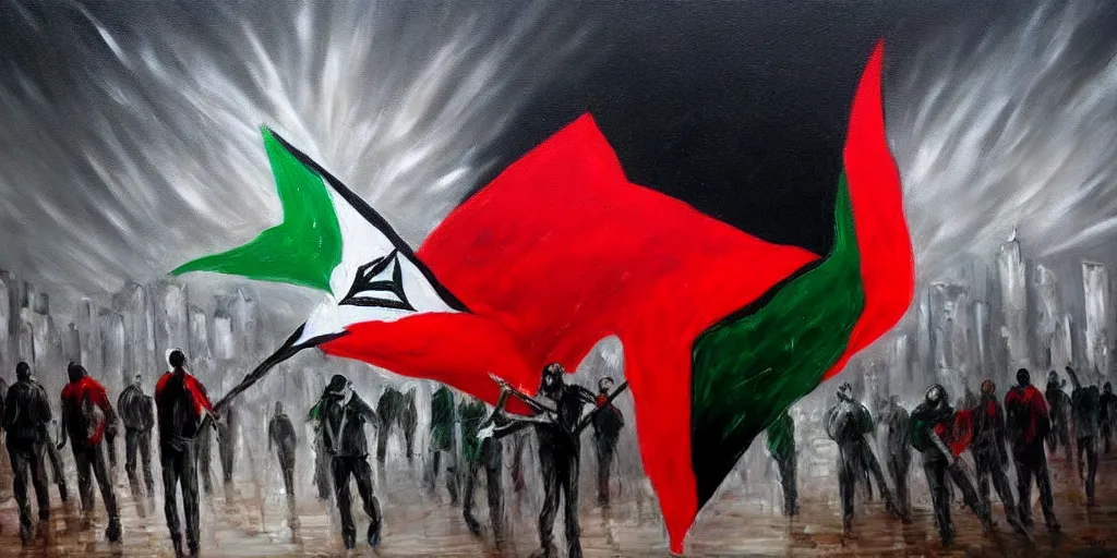 Image similar to dramatic dark oil painting of freedom for palestine, red green white black