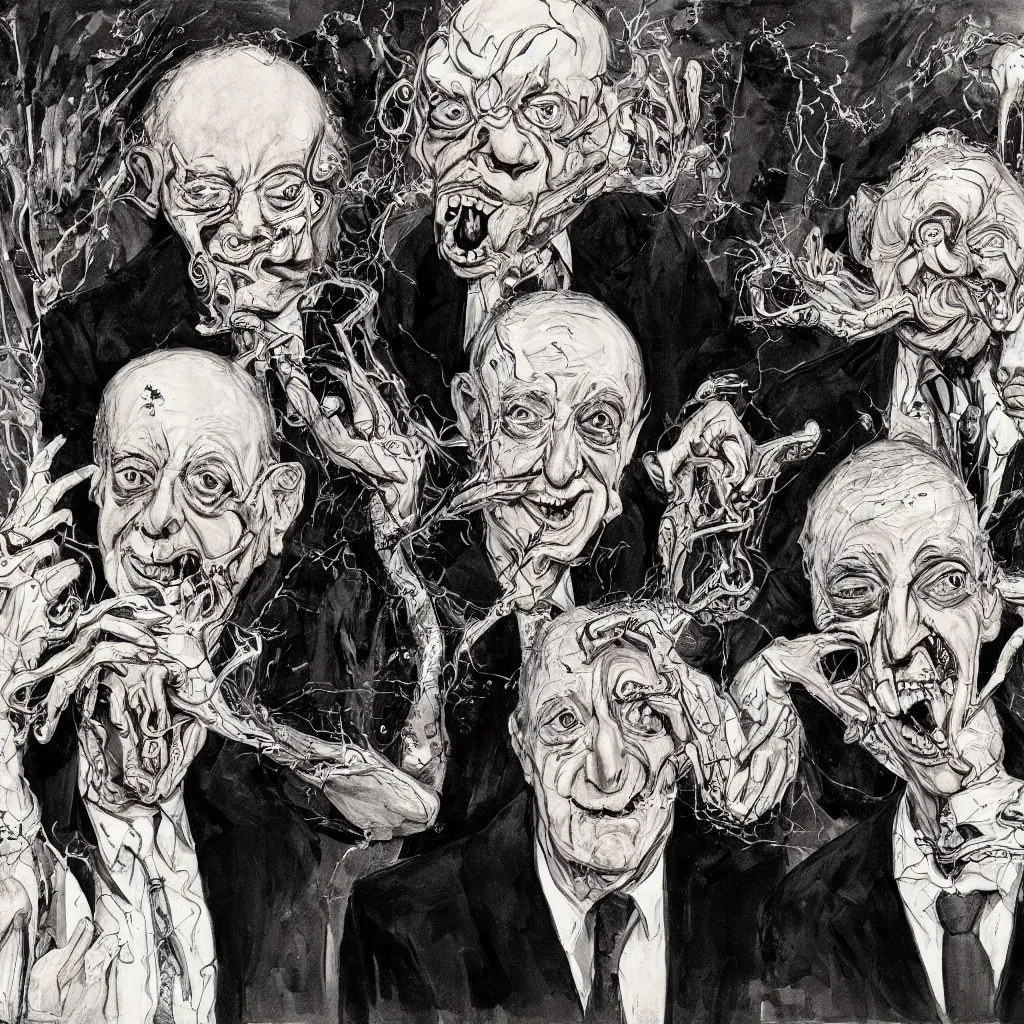 Image similar to Jacob Rothschild and george soros by Ralph Steadman, illustration, body horror, biopunk, 8k , trending on artstation