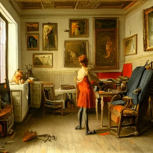 Image similar to painting of the room of an artist, very detailed