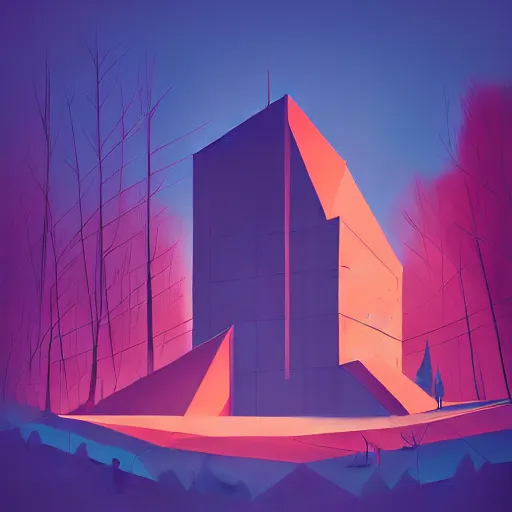 Prompt: an illustration of a post - modern building in the woods, real light and shadow, trending on artstation, central composition, shape focus, high detailed, by anton fadeev